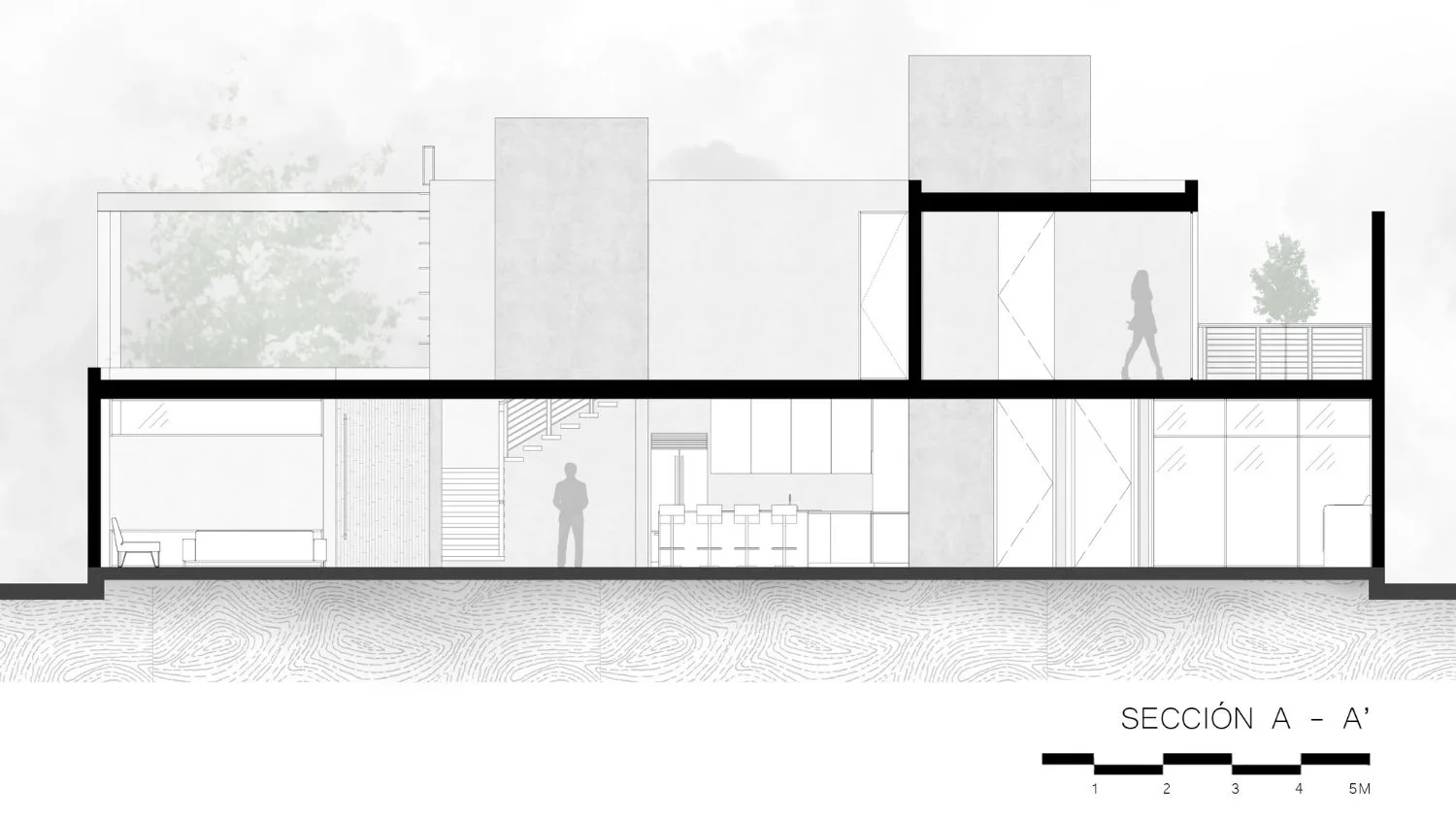 Plano Corte Longitudinal del proyecto Casa Arenal